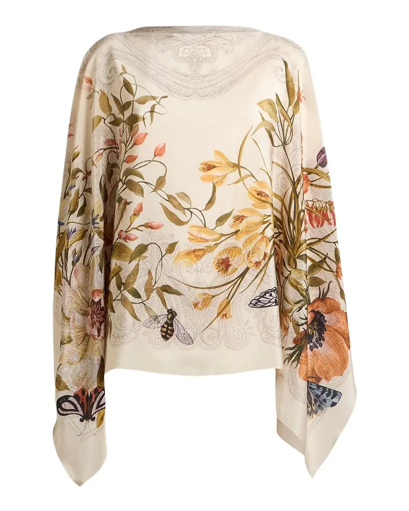 Etro Floral-Print Silk Poncho Top