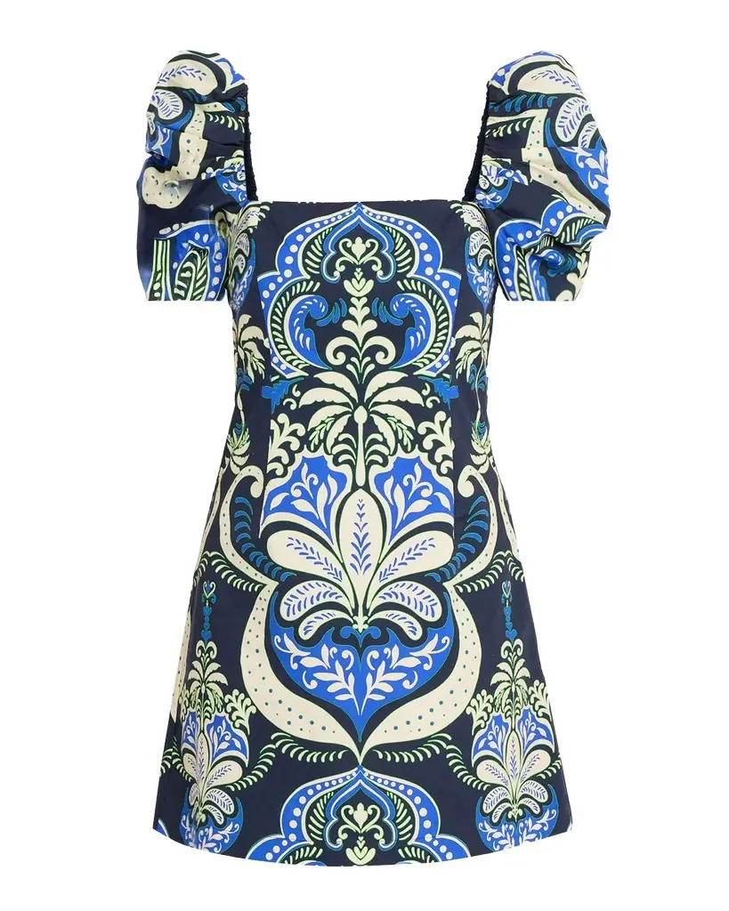 Cara Cara Kelly Blue Tile Print Puff-Sleeve Dress