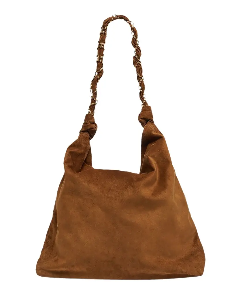 Saint Laurent YSL Chain-Embellished Suede Shoulder Bag