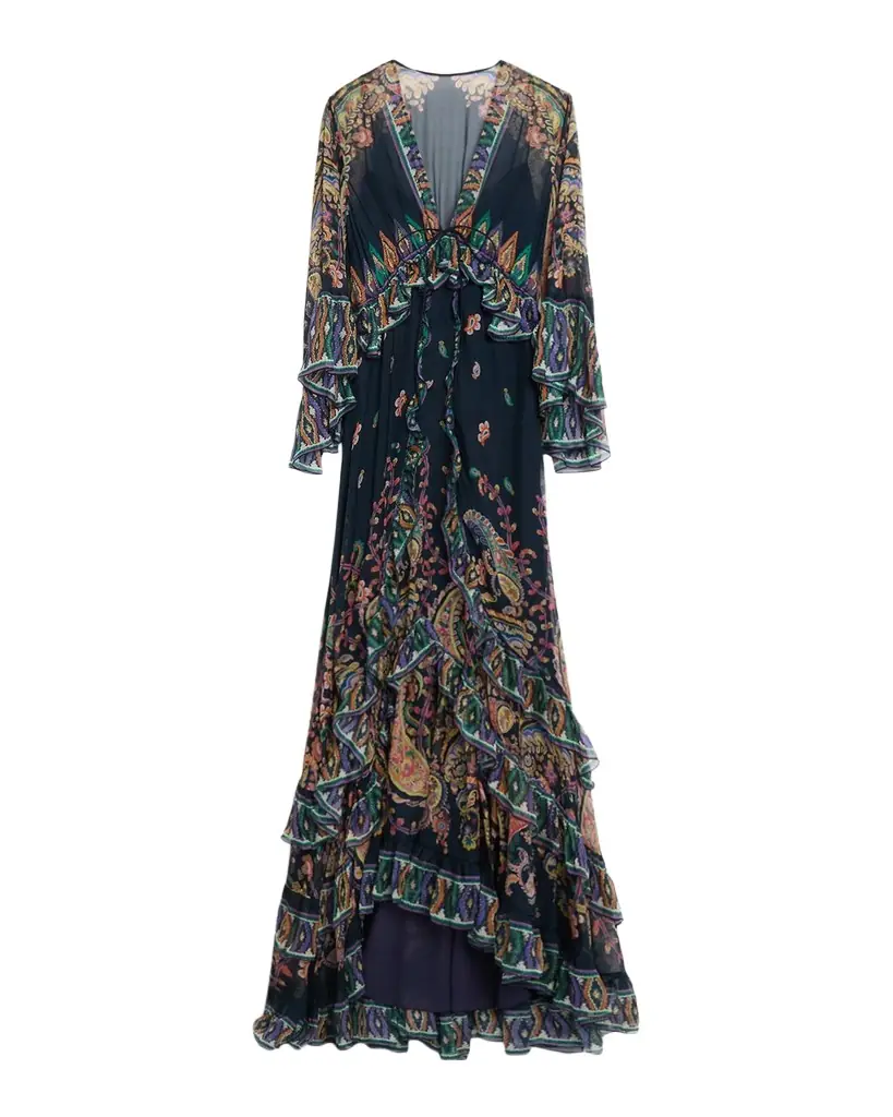 Etro Paisley Silk Ruffle Long-Sleeve Maxi Dress