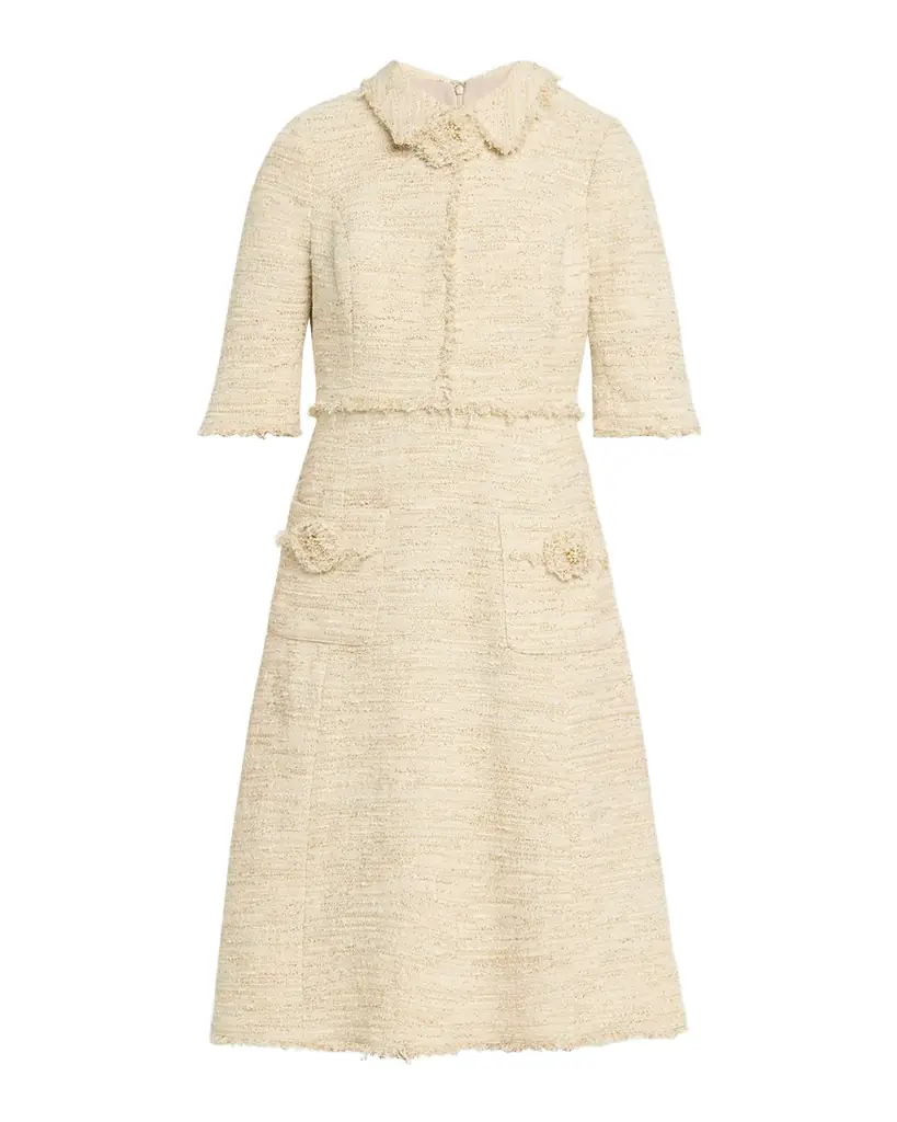 Rickie Freeman for Teri Jon Fringe-Trim Metallic Tweed Dress