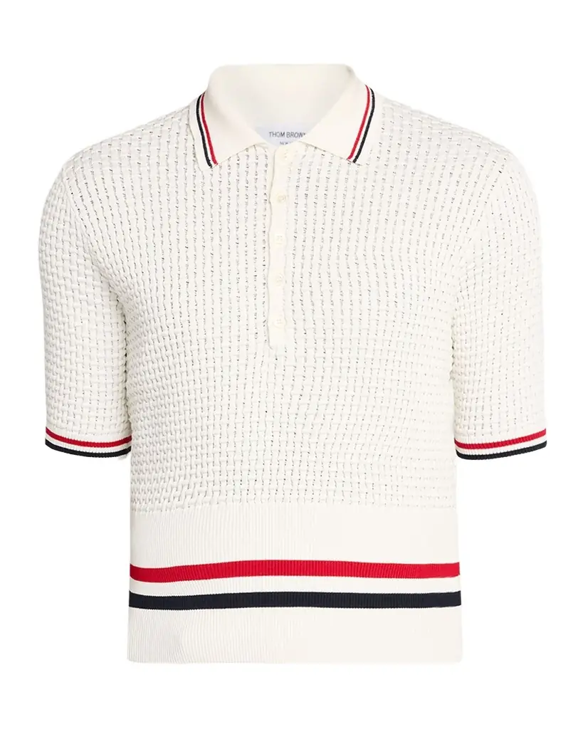 Thom Browne Men 's Float Ripple Stitch RWB Stripe Polo Shirt