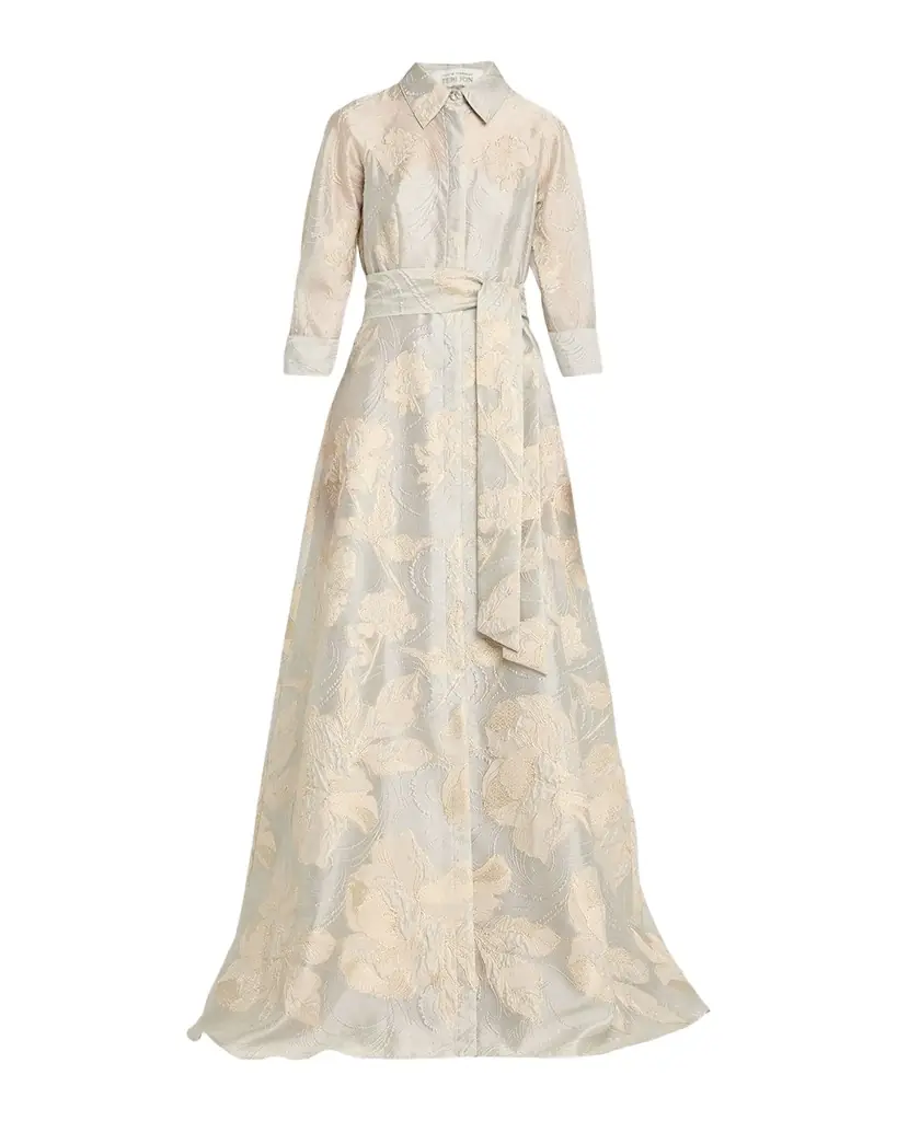 Rickie Freeman for Teri Jon Metallic Floral Jacquard Shirt Gown