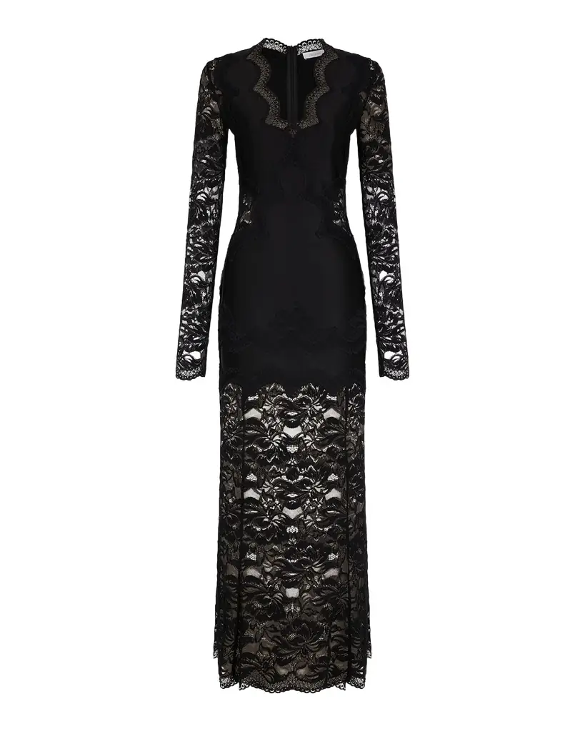 Rabanne Long-Sleeve Stretch Lace Jersey Maxi Dress