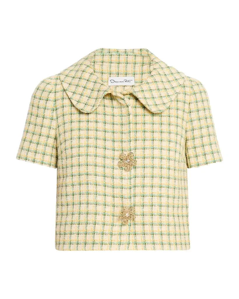 Oscar de la Renta Short-Sleeve Check Tweed Jacket