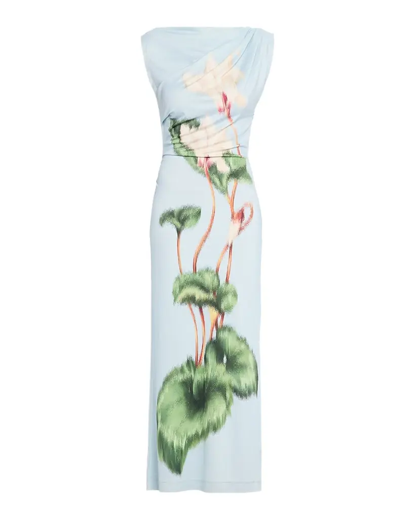 Oscar de la Renta Chinese Cyclamen-Print Draped Jersey Maxi Dress