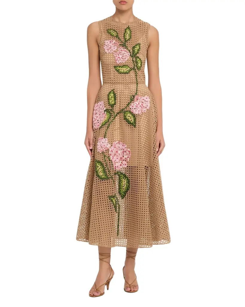 Oscar de la Renta Cross-Stitched Rattan Guipure Sleeveless Midi Dress