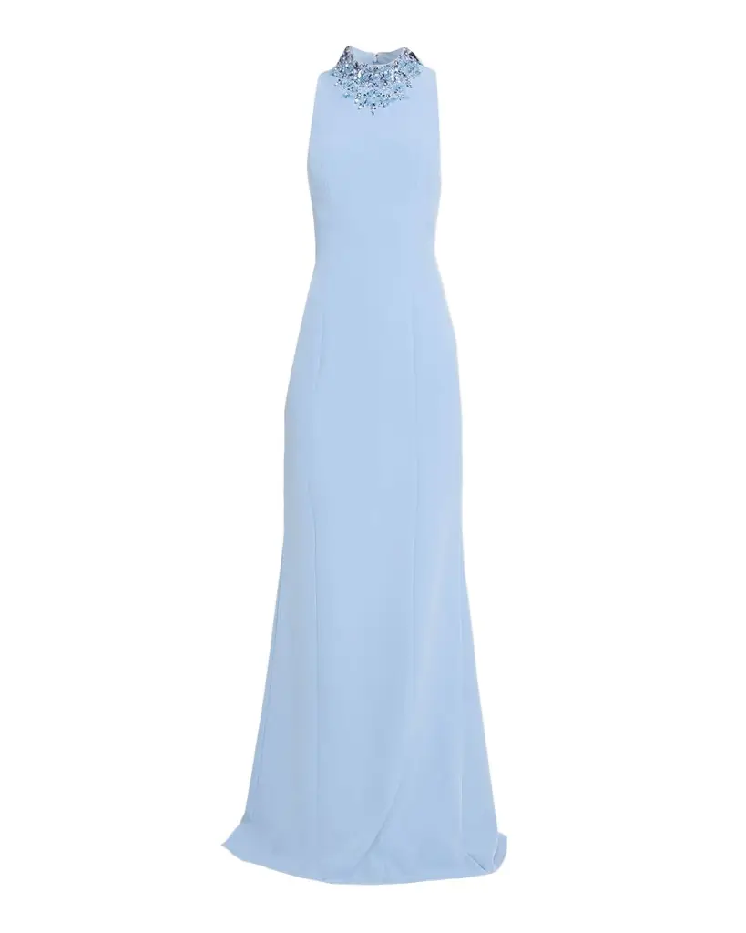 Rickie Freeman for Teri Jon Beaded Mock-Neck Crepe Trumpet Gown