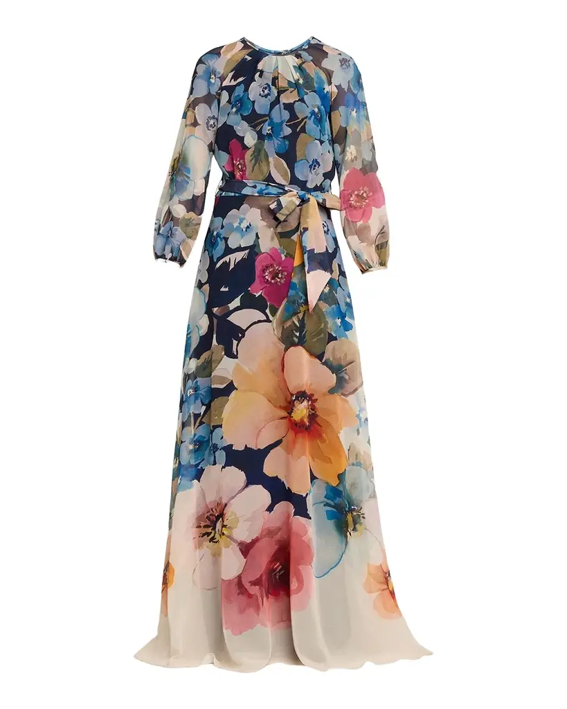Rickie Freeman for Teri Jon Floral-Print Chiffon Gown