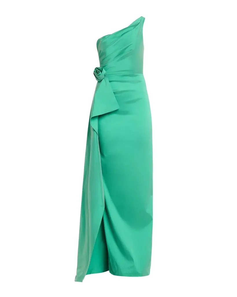 Rickie Freeman for Teri Jon Draped One-Shoulder Taffeta Column Gown