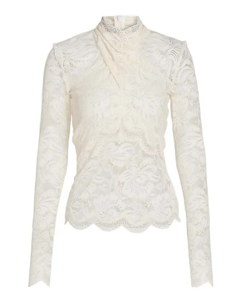 Rabanne Crisscross Mock-Neck Lace Long-Sleeve Top