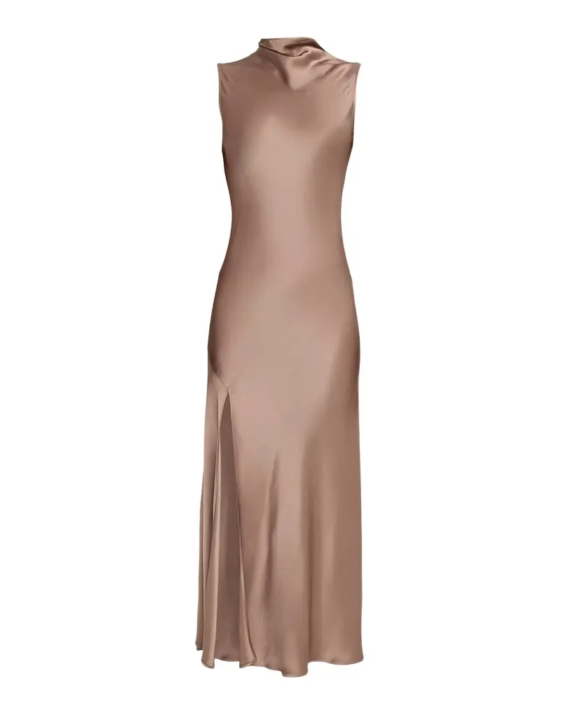 LAPOINTE Sleeveless Draped-Neck Satin Slit Midi Dress