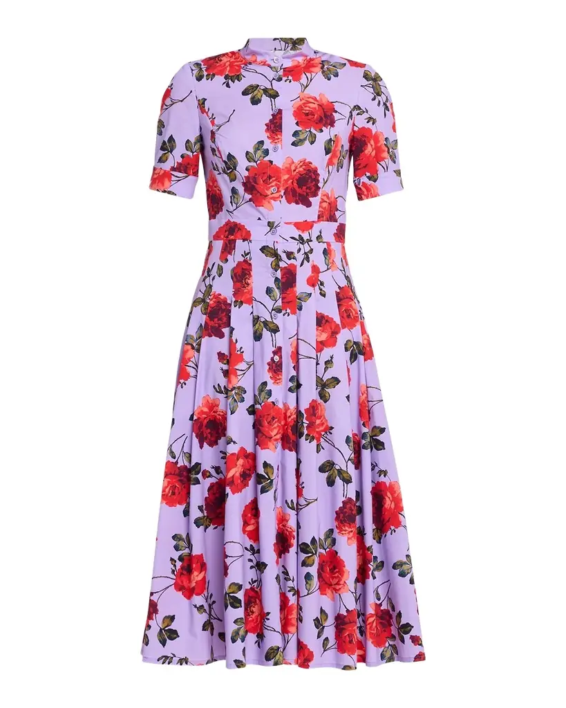 Carolina Herrera Carnation-Print Short-Sleeve Pleated Midi Shirtdress
