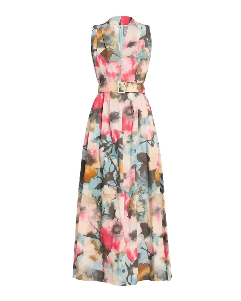 Lela Rose Floral-Print Cotton Sleeveless Midi Dress With Belt