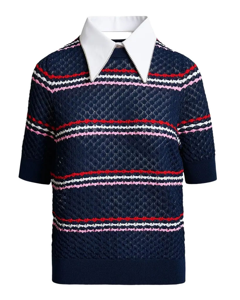 Essentiel Antwerp Jantasy Striped Honeycomb Knit Embellished Collar Polo