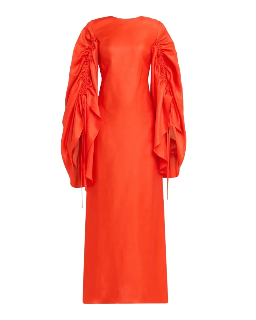 CHRISTOPHER JOHN ROGERS Ruched Shell-Sleeve Bow Backless Maxi Dress