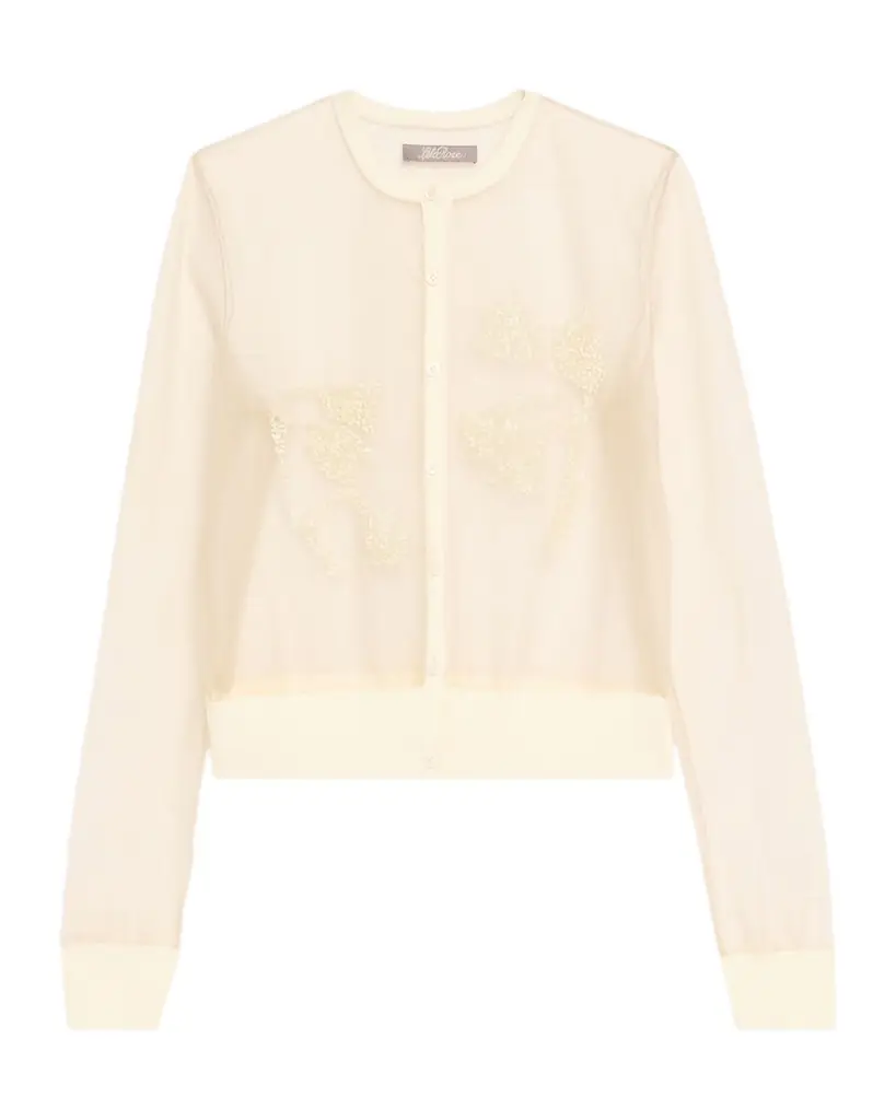 Lela Rose Tulip Beaded Sheer Crewneck Cardigan