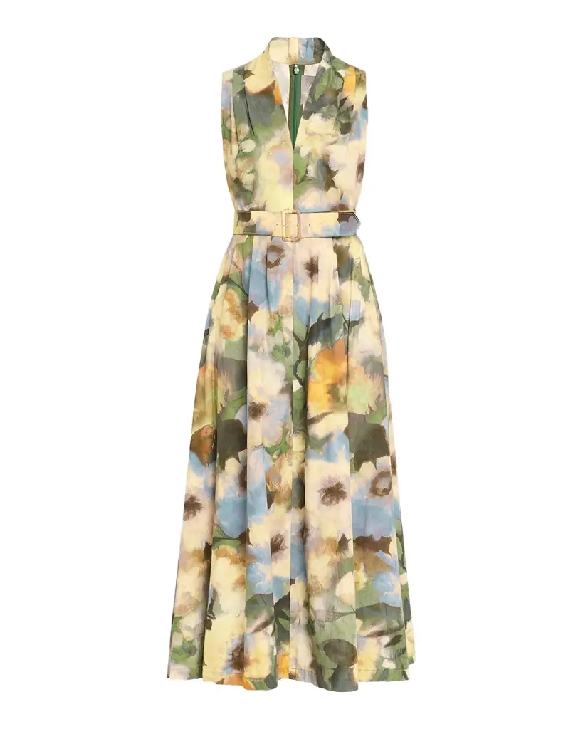 Lela Rose Floral-Print Cotton Sleeveless Midi Dress With Belt