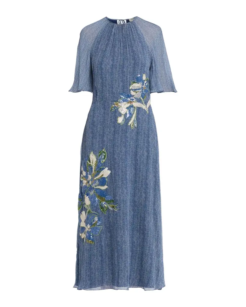Rickie Freeman for Teri Jon Floral Embroidery Flutter-Sleeve Midi Dress