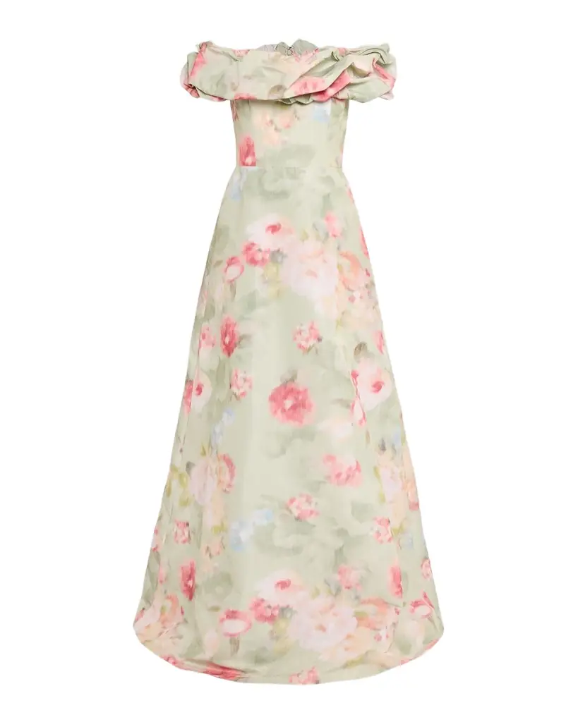 Rickie Freeman for Teri Jon Off-Shoulder Floral Taffeta Gown