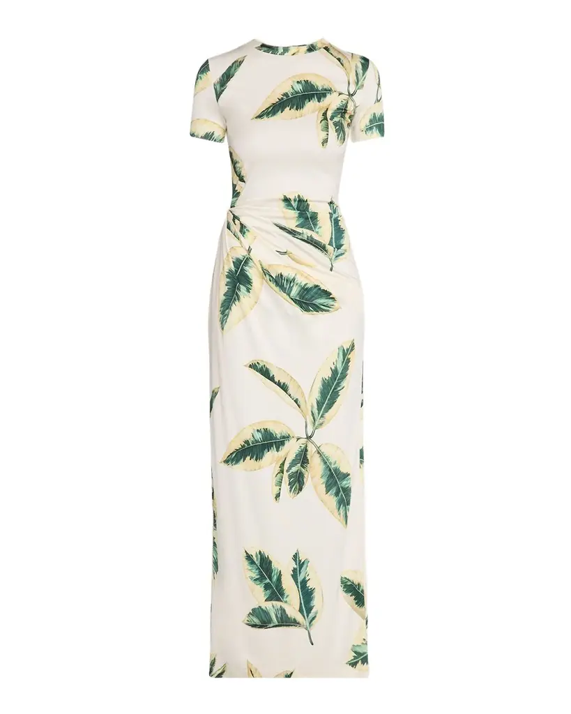 Oscar de la Renta Short-Sleeve Ficus-Print Draped Maxi Dress
