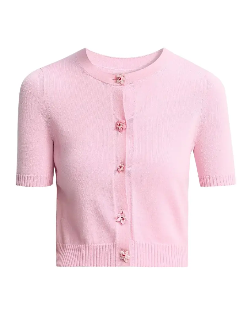 Oscar de la Renta Short-Sleeve Flower-Button Crewneck Cardigan - Women's Clothing