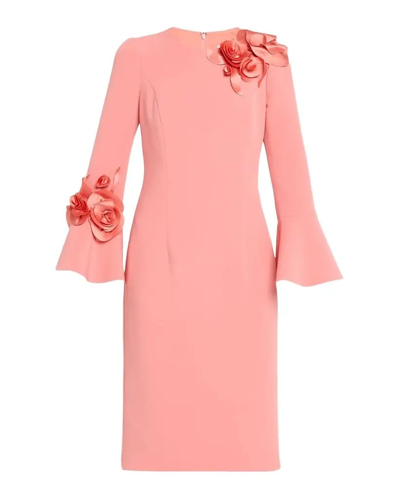 Rickie Freeman for Teri Jon Floral Applique Flare-Cuff Crepe Dress