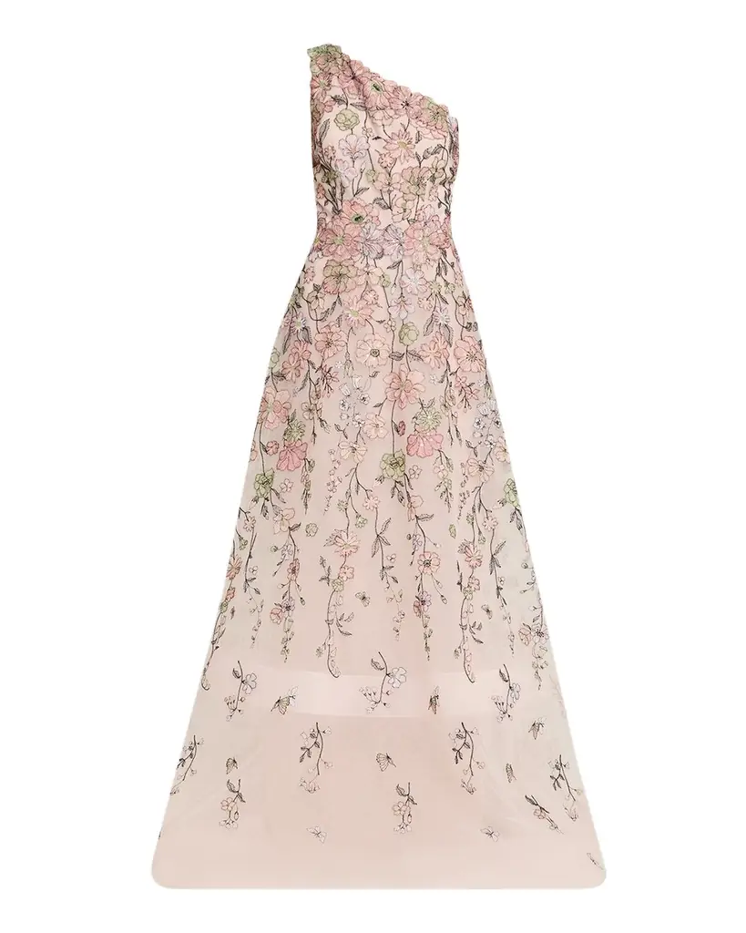 Rickie Freeman for Teri Jon One-Shoulder Embroidered Tulle Gown