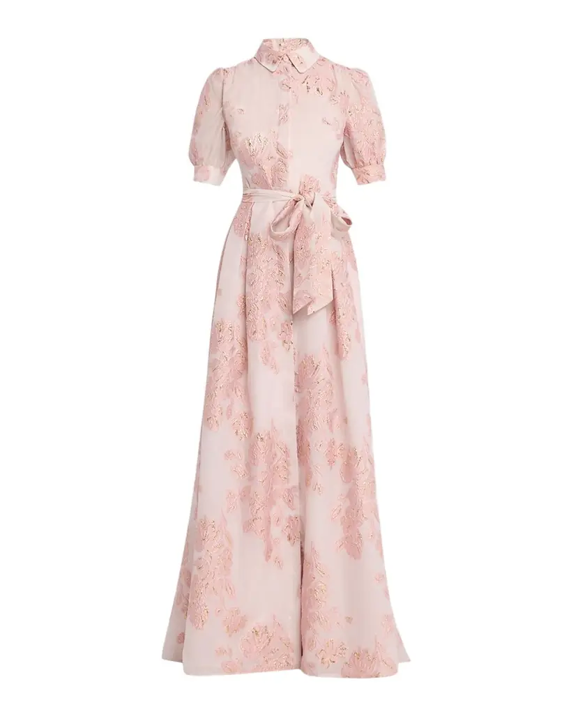 Rickie Freeman for Teri Jon Jacquard Short-Sleeve Collared Gown