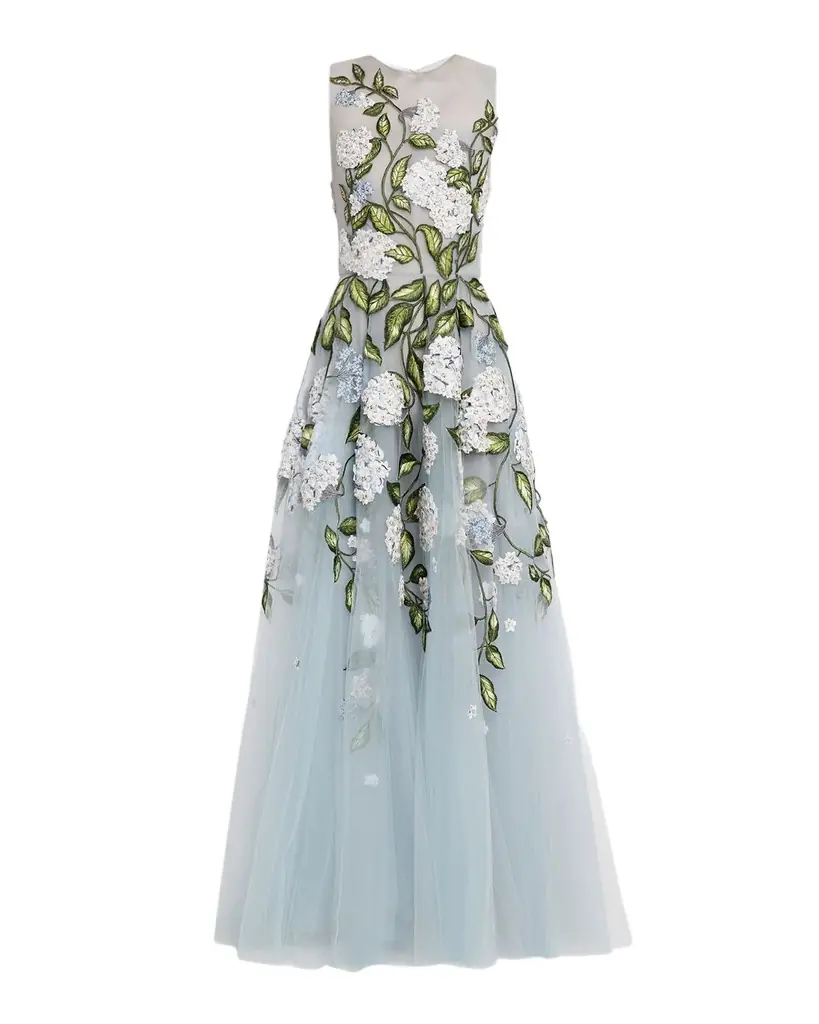Oscar de la Renta Sleeveless Porcelain Flower Embroidered Tulle Gown