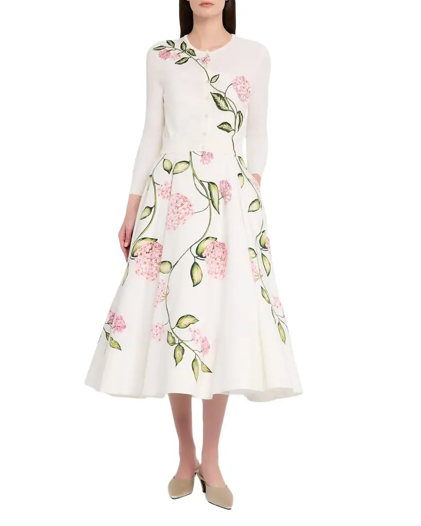 Oscar de la Renta Porcelain Flower Embroidered Crop Crewneck Cardigan