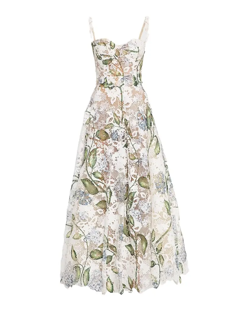 Oscar de la Renta Sleeveless Porcelain Flowers-Print Lace Maxi Dress