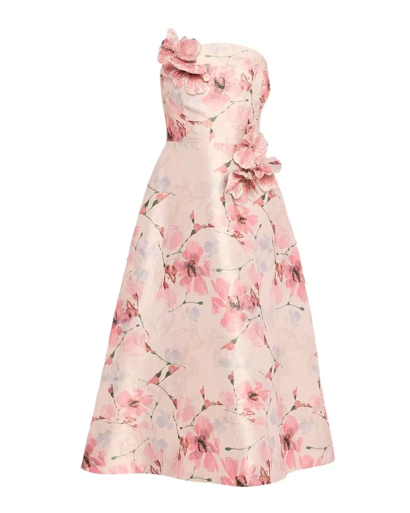 Rickie Freeman for Teri Jon Strapless Floral-Print Gazar Midi Dress