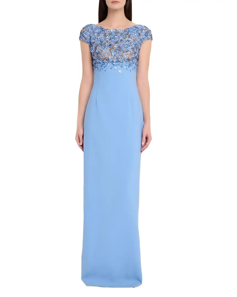 Oscar de la Renta Bitty Hoya Flowers Embroidered Cap-Sleeve Gown