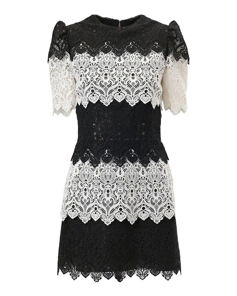 Carolina Herrera Tiered Colorblock Lace Short-Sleeve Mini Dress