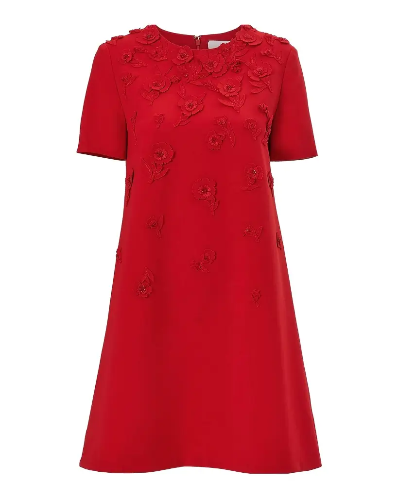 Carolina Herrera Carnation Embroidered Short-Sleeve Mini Dress