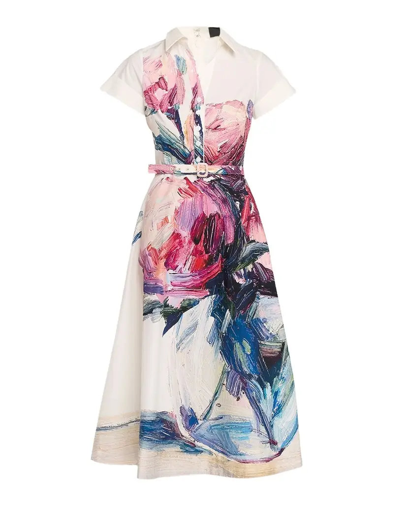 Rickie Freeman for Teri Jon Cotton Floral Short-Sleeve Shirtwaist Dress