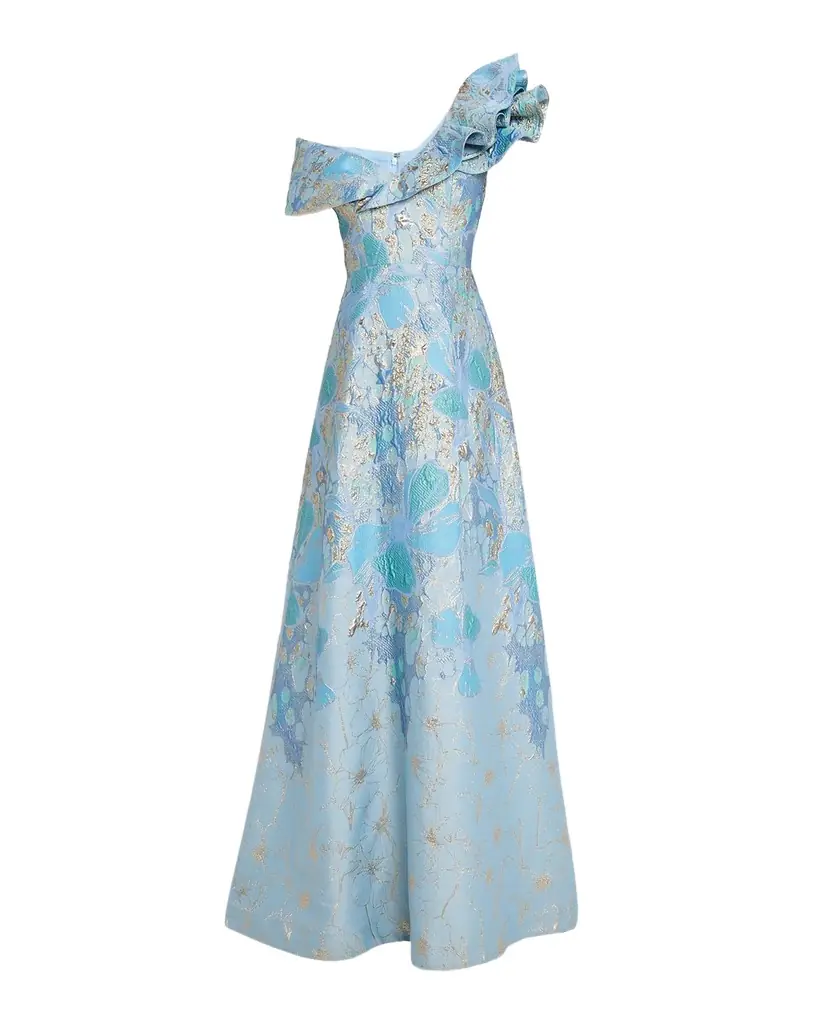 Rickie Freeman for Teri Jon One-Shoulder Metallic Jacquard Gown