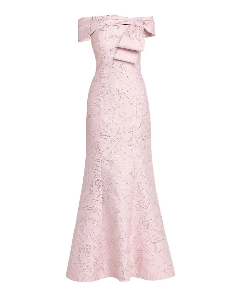 Rickie Freeman for Teri Jon Metallic Jacquard Off-Shoulder Column Gown