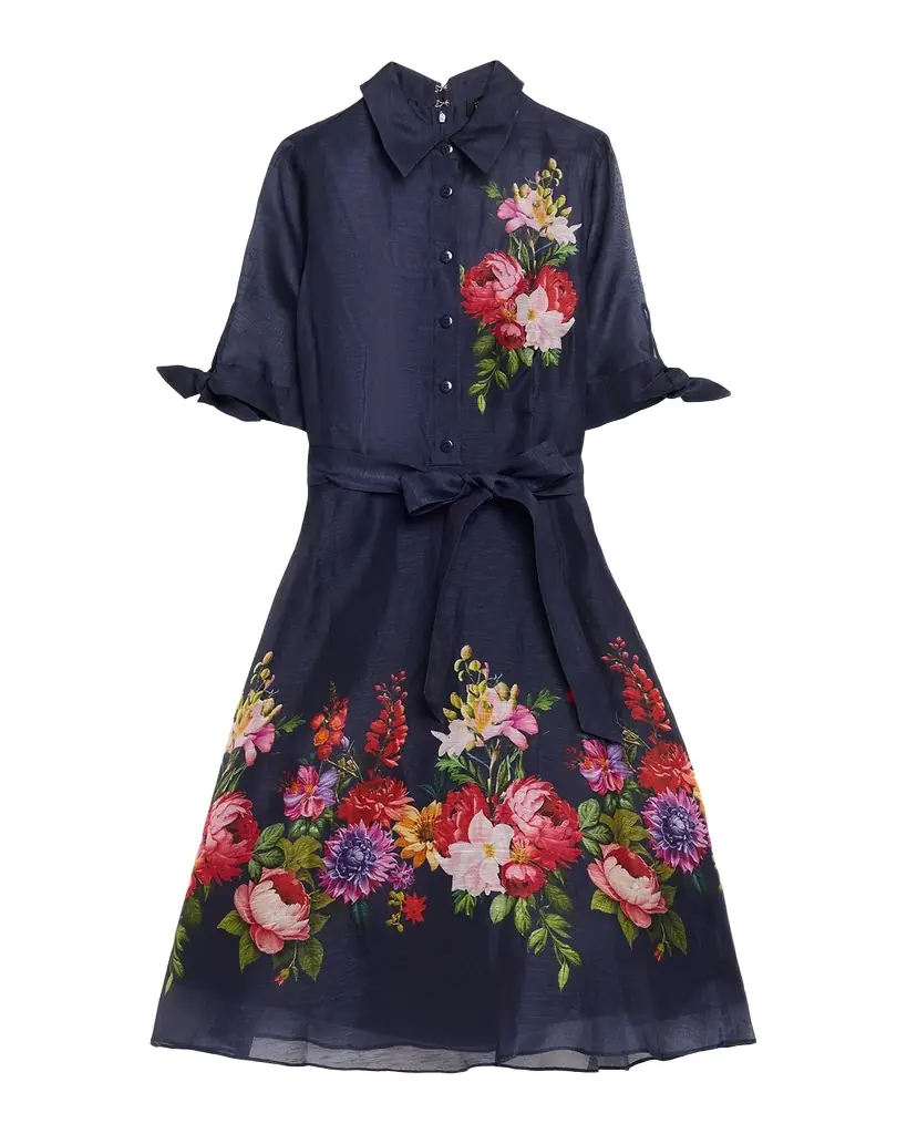 Rickie Freeman for Teri Jon Silken Linen Floral-Print Shirtdress