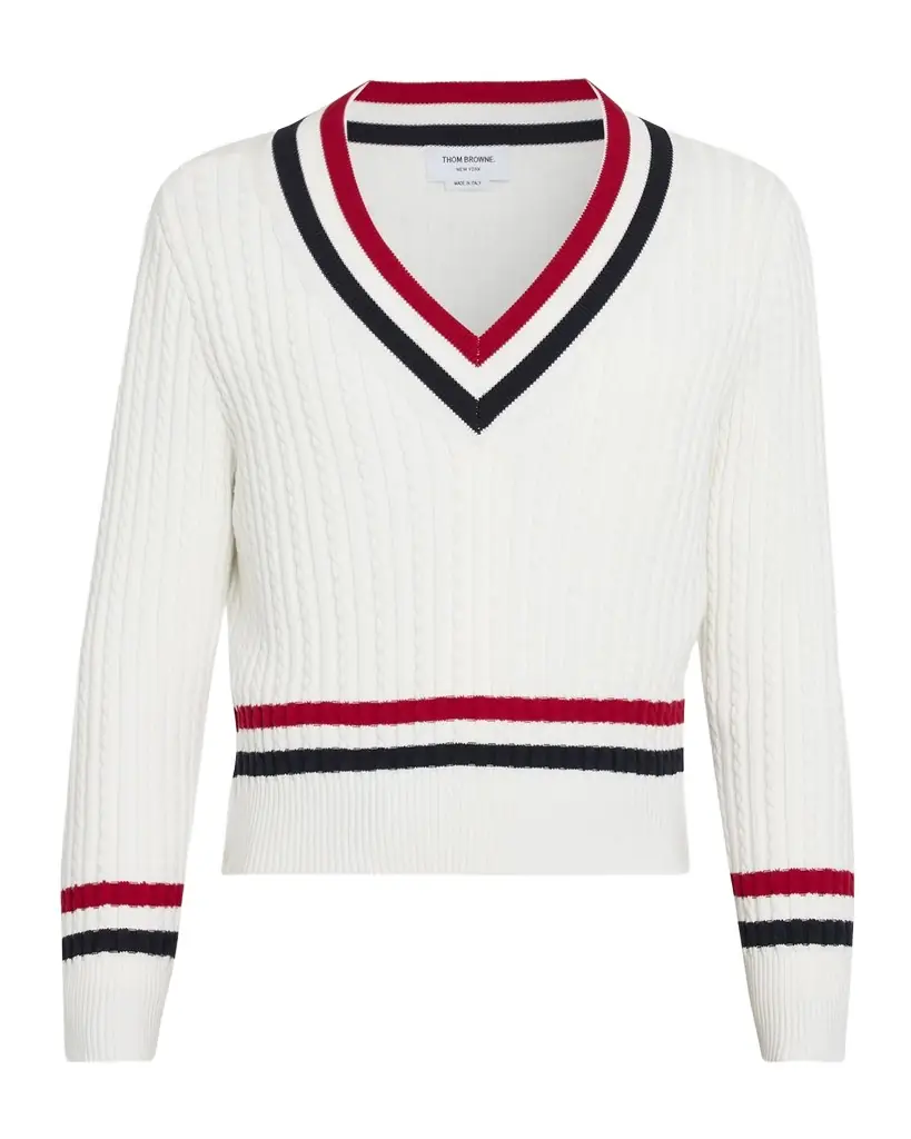 Thom Browne Men 's Cotton Cable Knit Stripe-Trim V-Neck Sweater