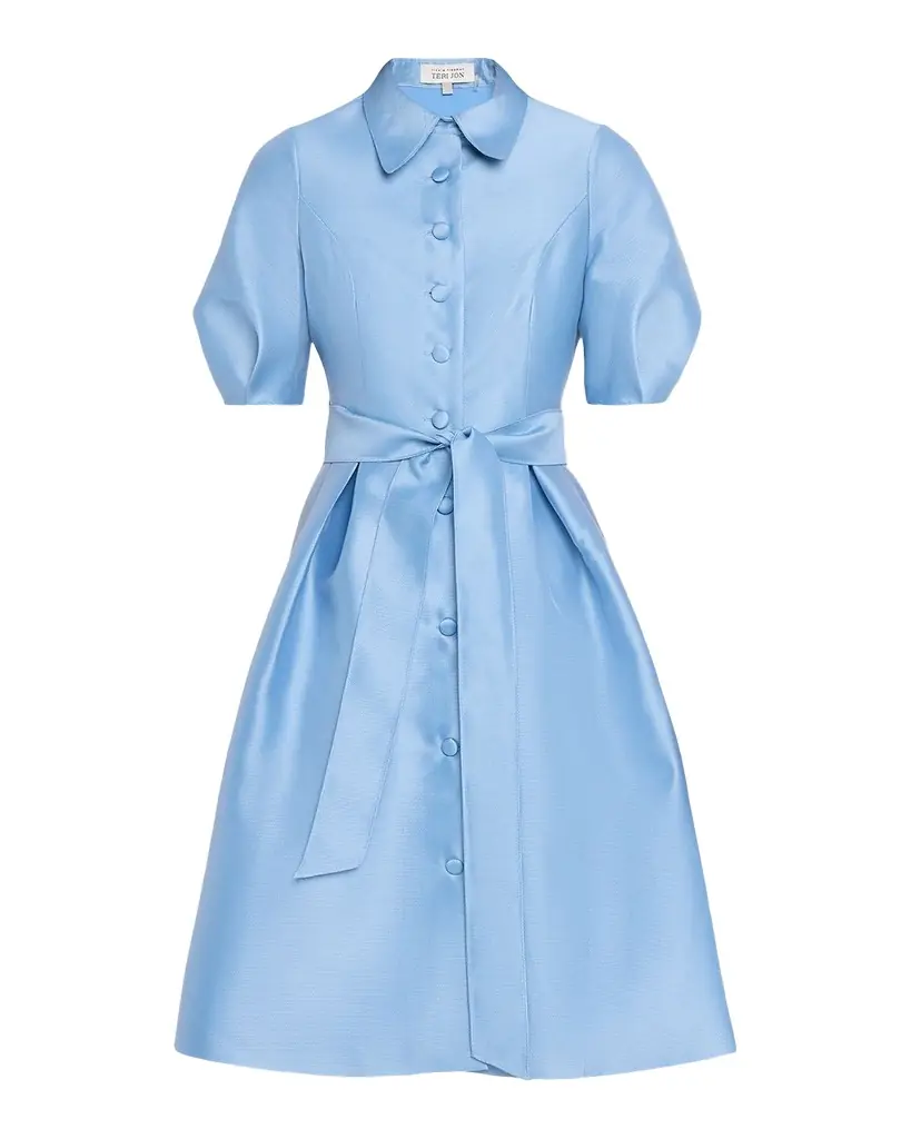 Rickie Freeman for Teri Jon Puff-Sleeve Pique Faille Shirtdress