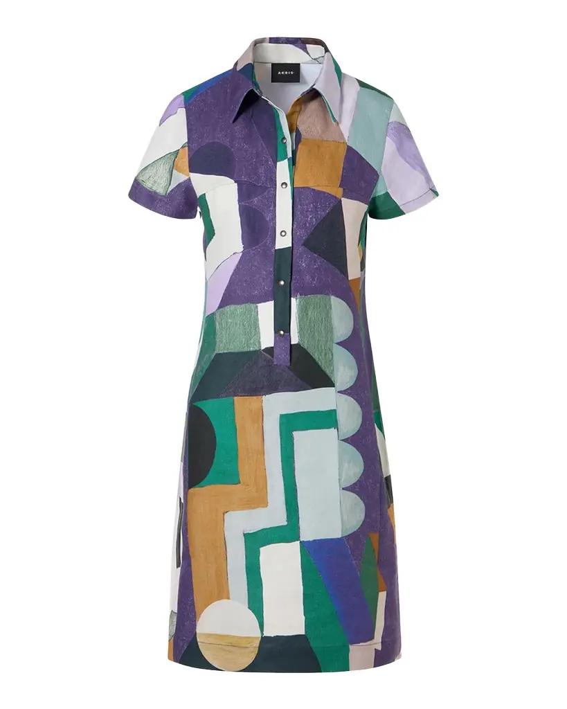 Akris Abstract-Print Linen Short-Sleeve Polo Dress