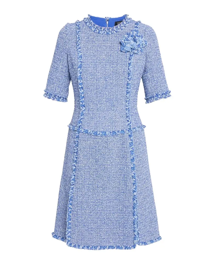 Rickie Freeman for Teri Jon Frayed-Trim Woven Tweed Dress