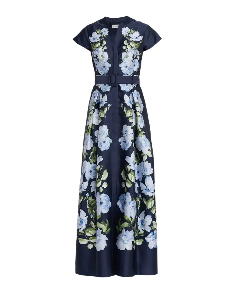 SACHIN BABI Marta Belted Floral-Print Mikado Shirt Gown