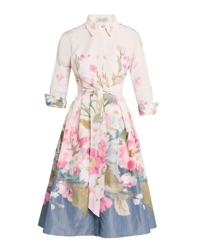 Rickie Freeman for Teri Jon Floral-Print Taffeta Midi Shirtdress