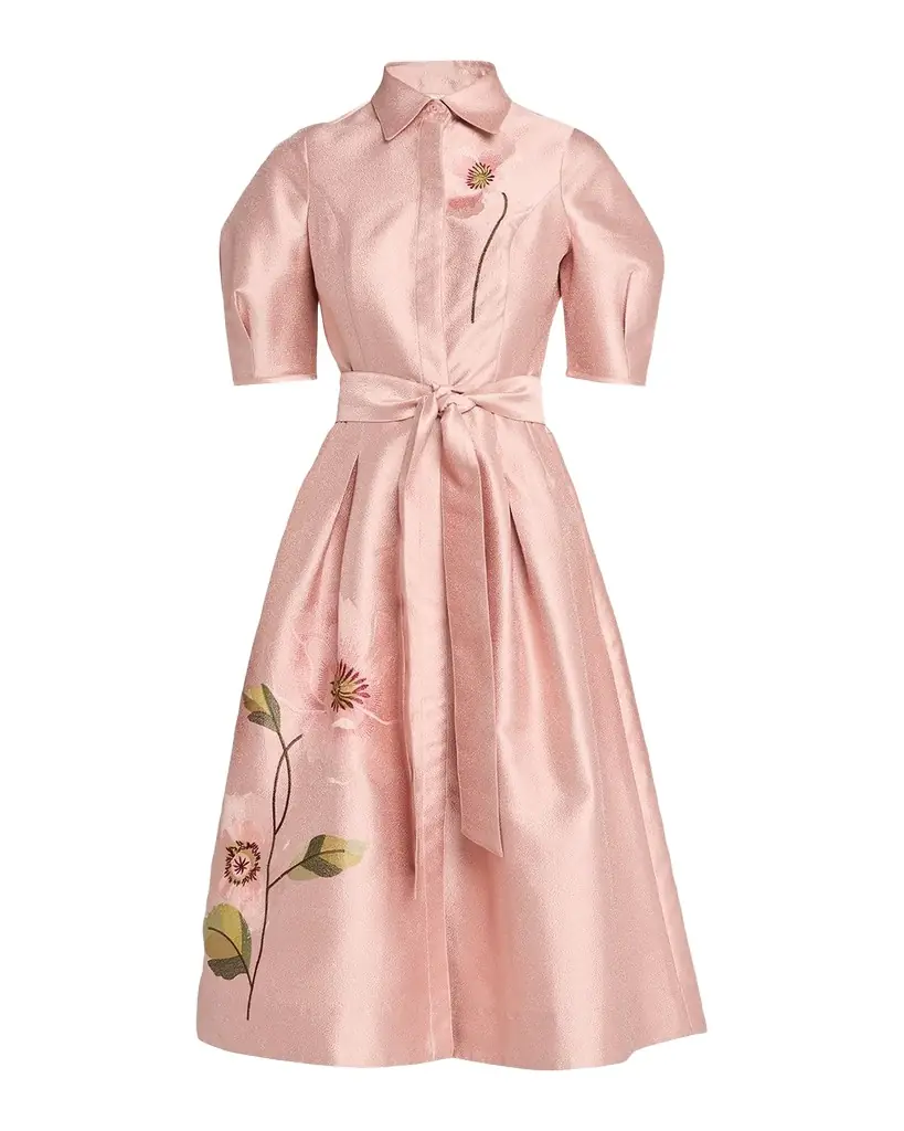 Rickie Freeman for Teri Jon Floral-Embroidered Shimmer Jacquard Midi Shirtdress