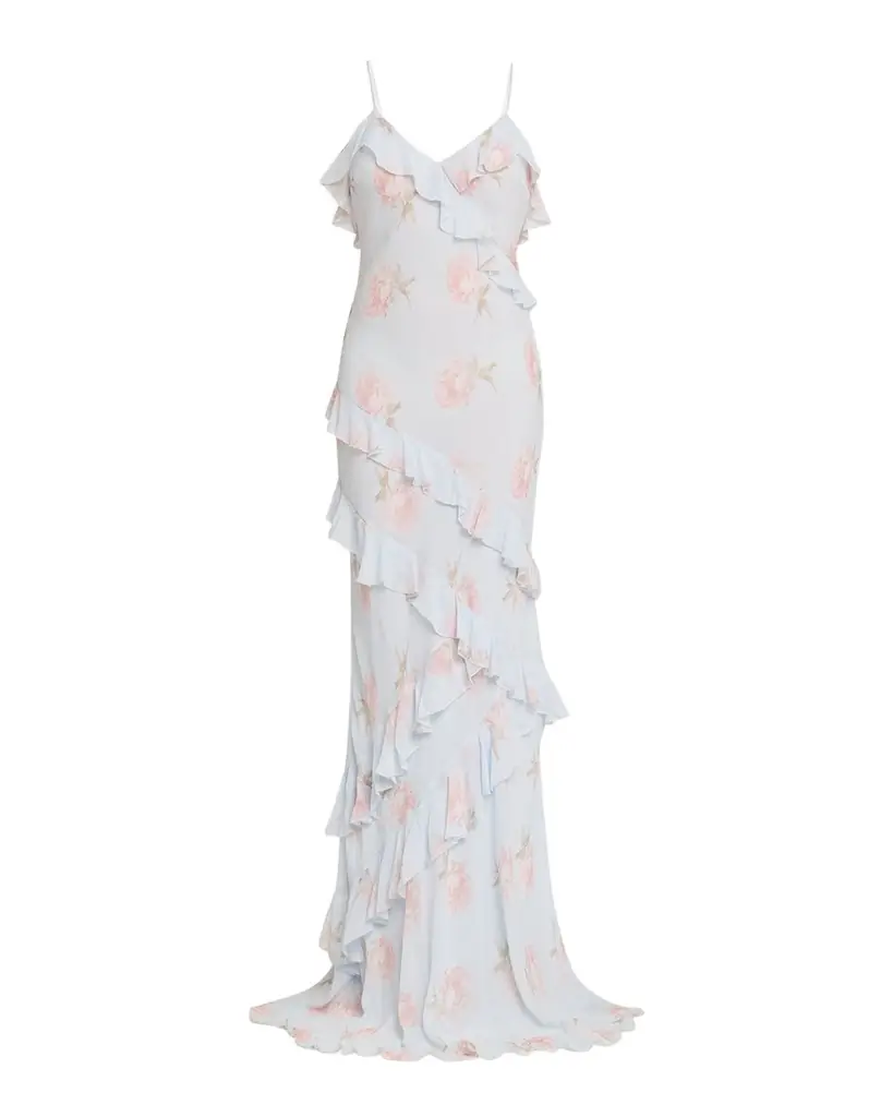LoveShackFancy Rialto Asymmetric Ruffle Maxi Dress
