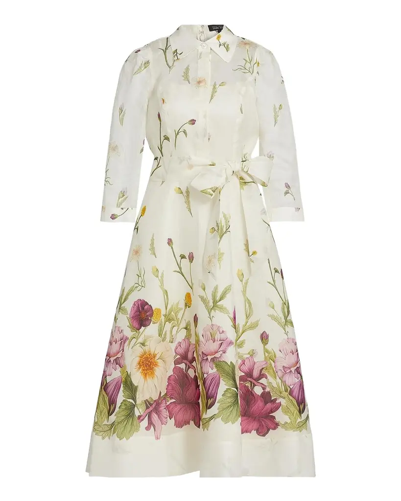 Rickie Freeman for Teri Jon Belted Floral-Print Midi Shirtdress