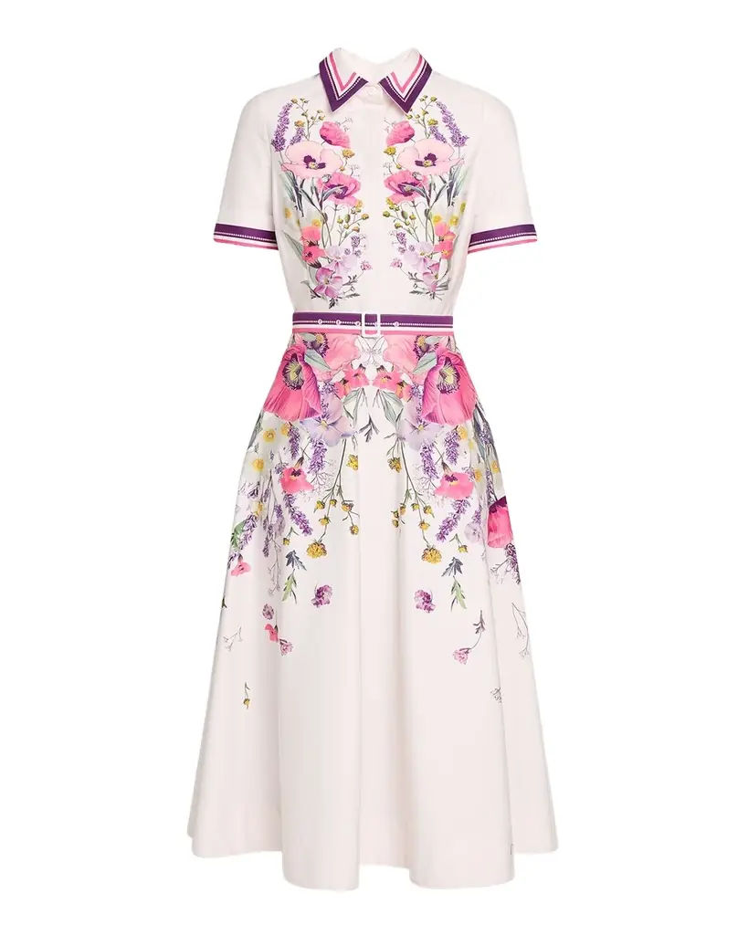 Rickie Freeman for Teri Jon Belted Floral-Print Cotton Midi Shirtdress